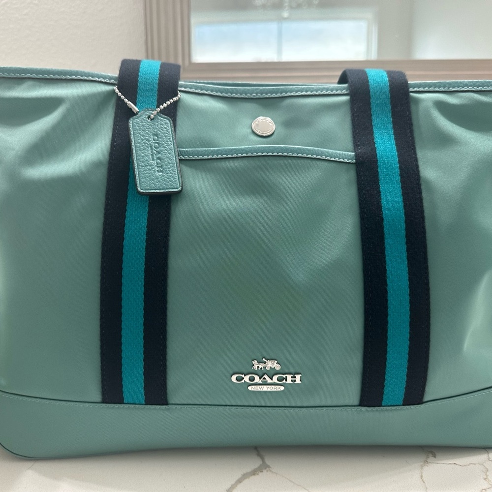 Coach Teal Tote with Navy Stripe Webbing - Picture 7 of 8